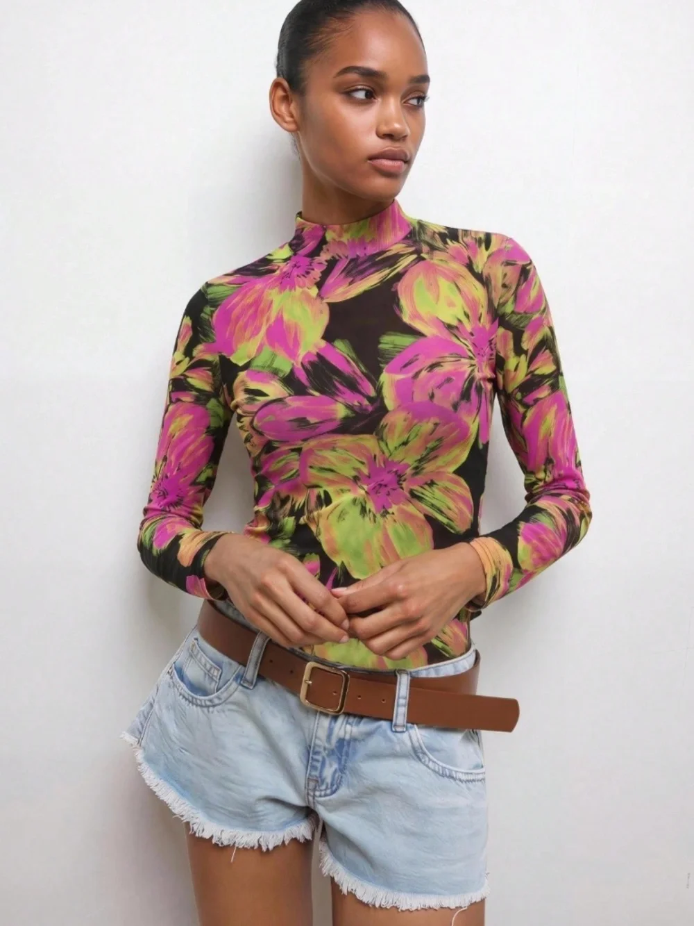 Black Floral Long Sleeve Mesh Sheer Top Shirt